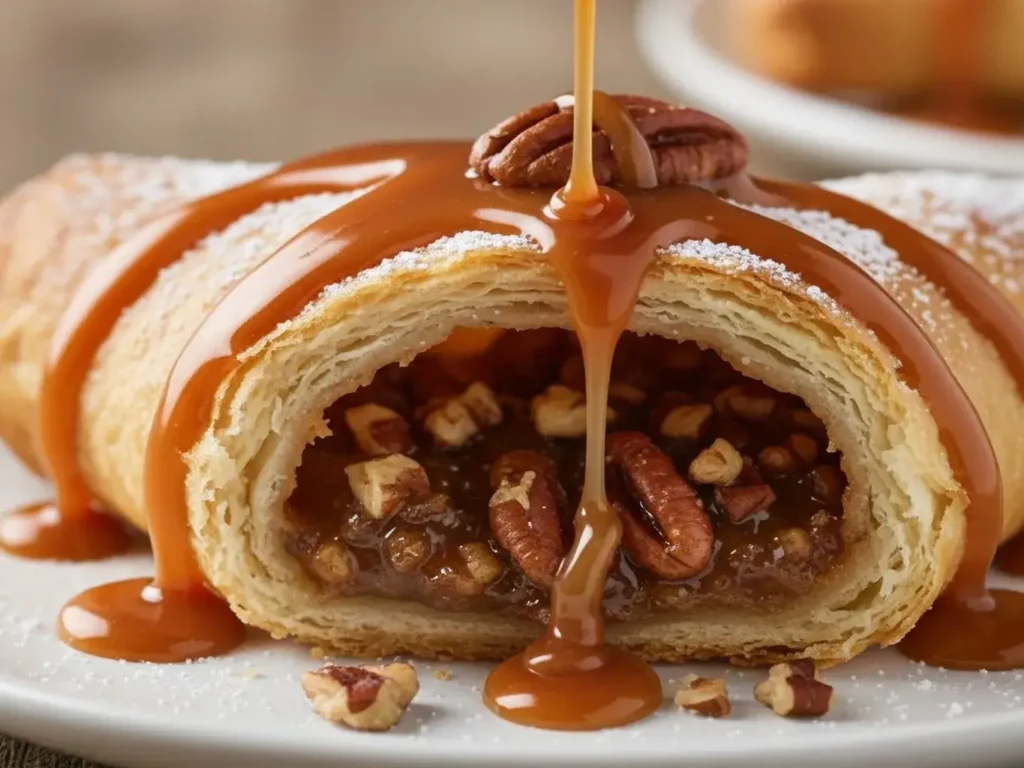 Pecan Pie Crescent Rolls fresh baked with pecan filling close-up