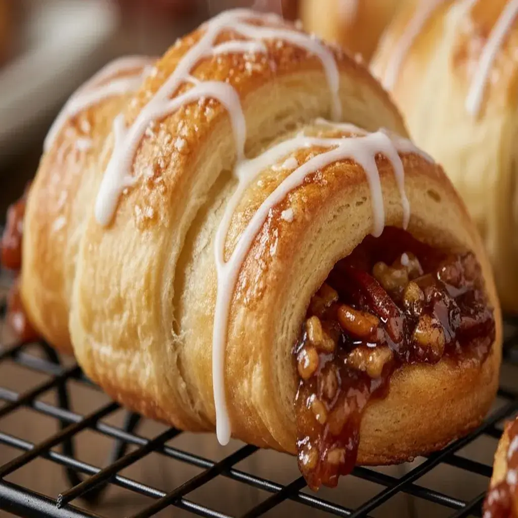 Pecan pie crescent roll drizzled with caramel sauce close-up