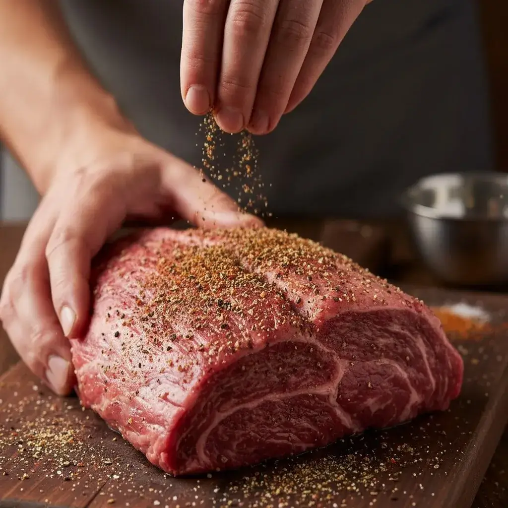 raw chuck roast with rub for smoked chuck roast