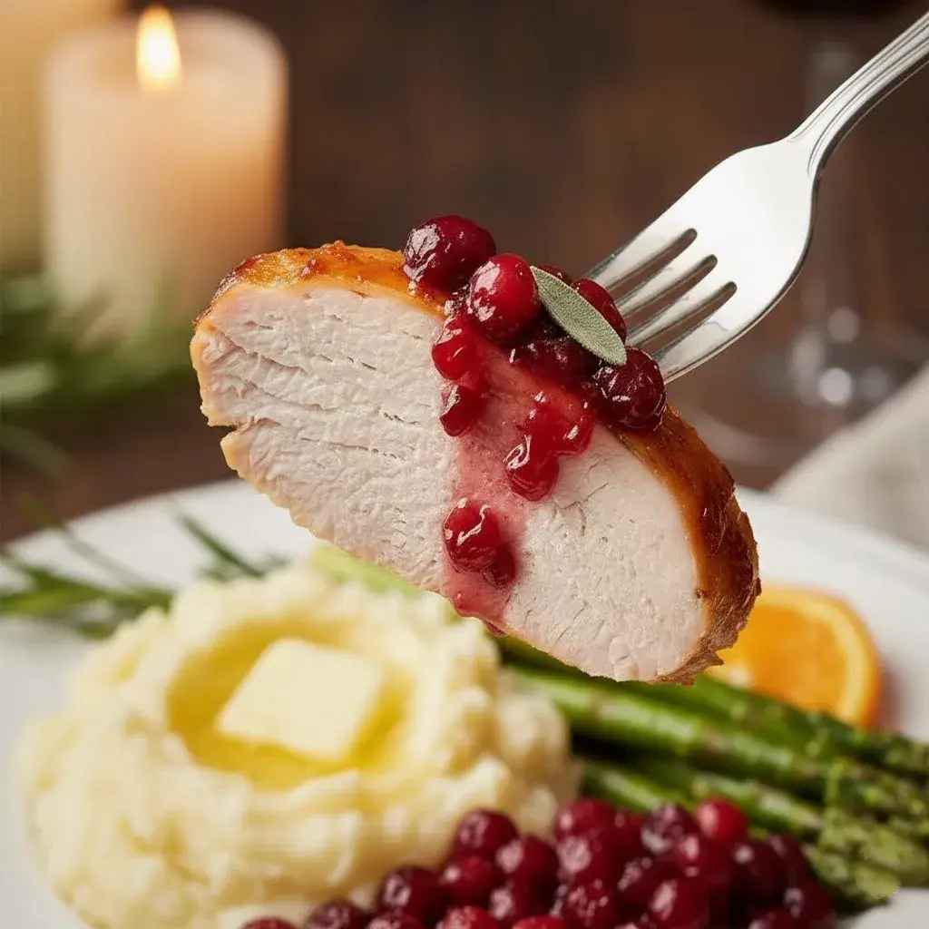sliced cranberry orange glazed turkey breast served with sides