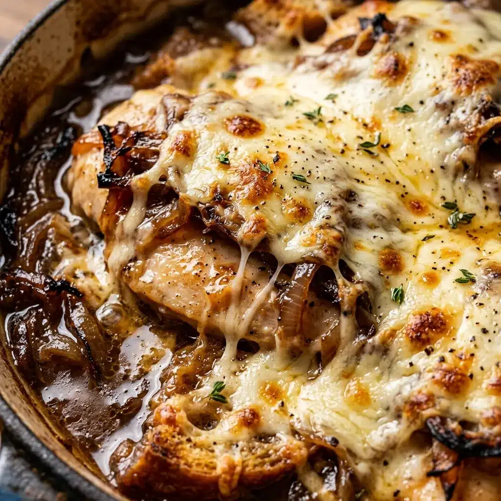 The ultimate comfort food: French Onion Soup Chicken with melted Gruyère cheese.