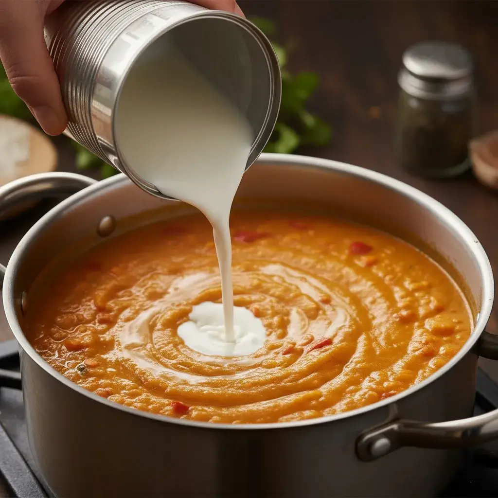 Simple Thai Coconut Red Lentil Soup 8 adding coconut milk to thai lentil soup