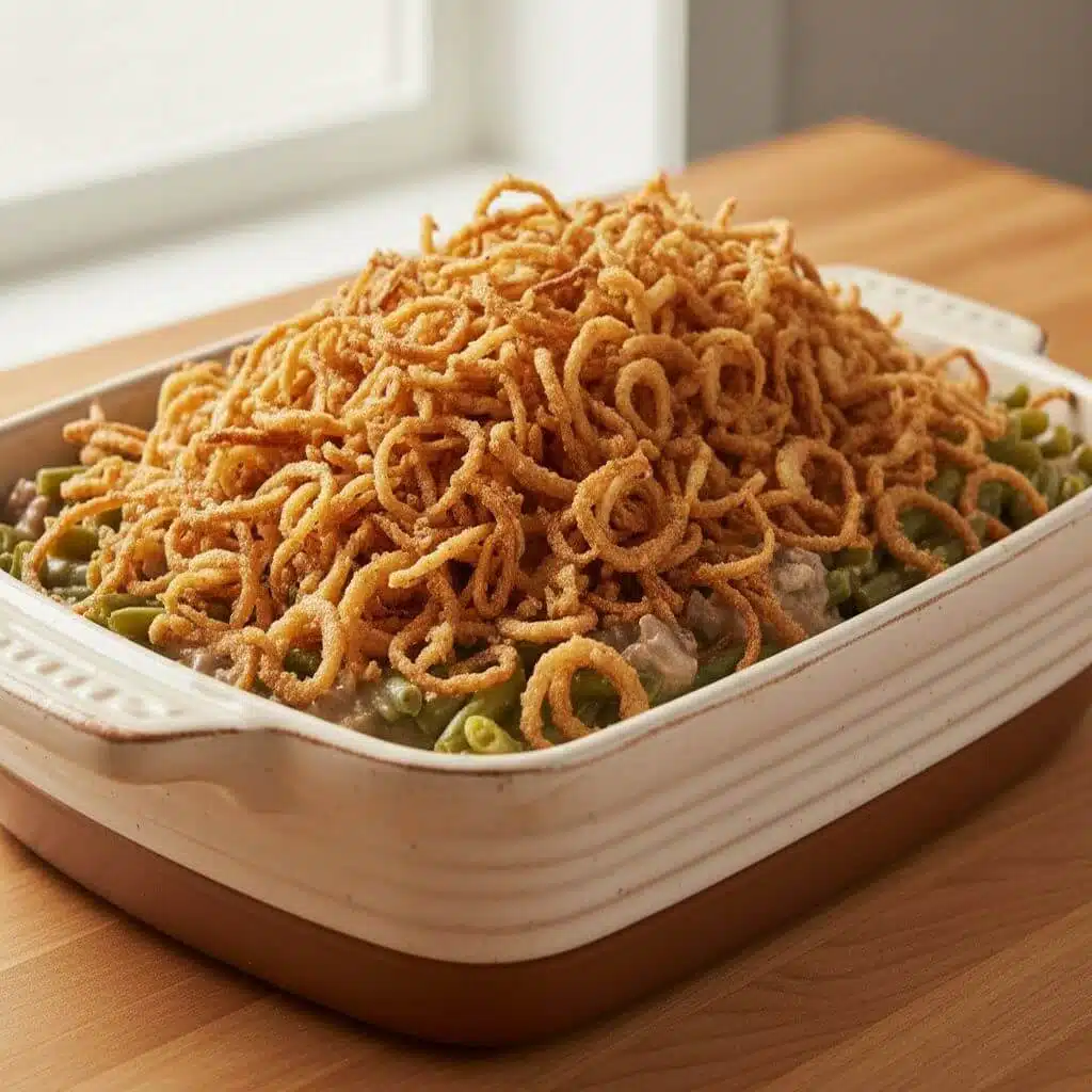 assembled green bean casserole before baking