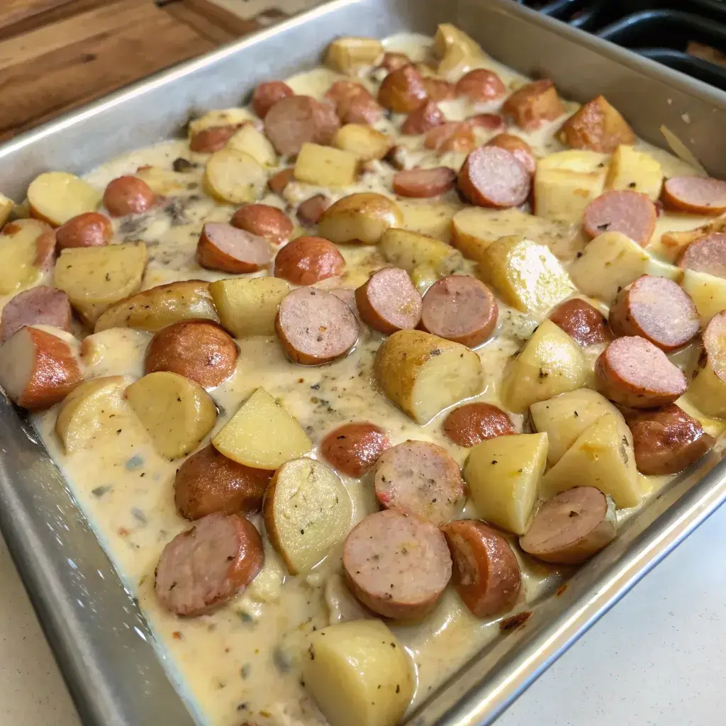 Cheesy Ranch Potatoes and Smoked Sausage: The Ultimate One-Pan Comfort Food 10 cheesy ranch potatoes and sausage assembled on a sheet pan