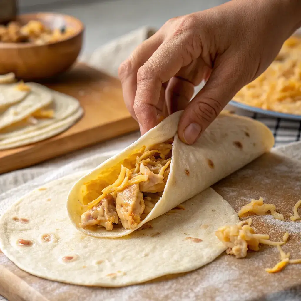 assembling a cheesy chicken wrap