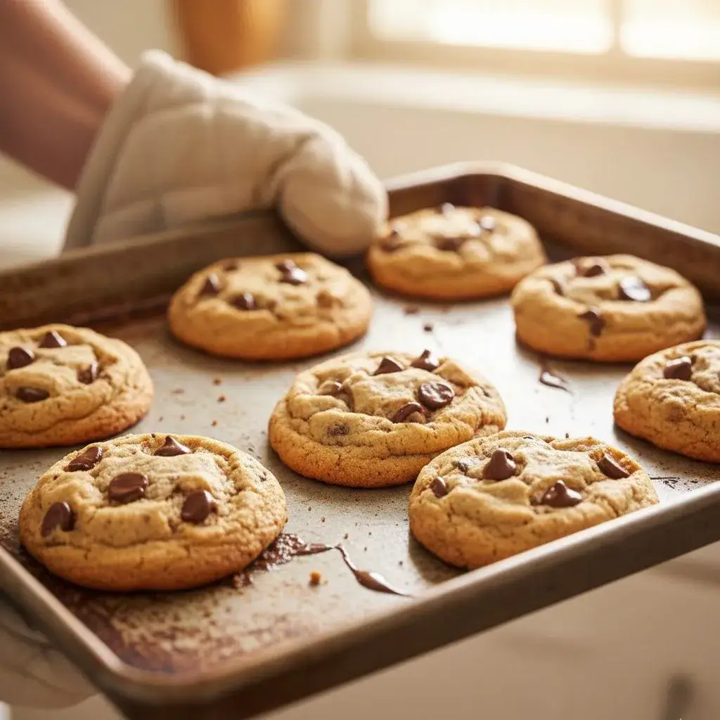freshly baked gluten free chocolate chip cookies on a pan