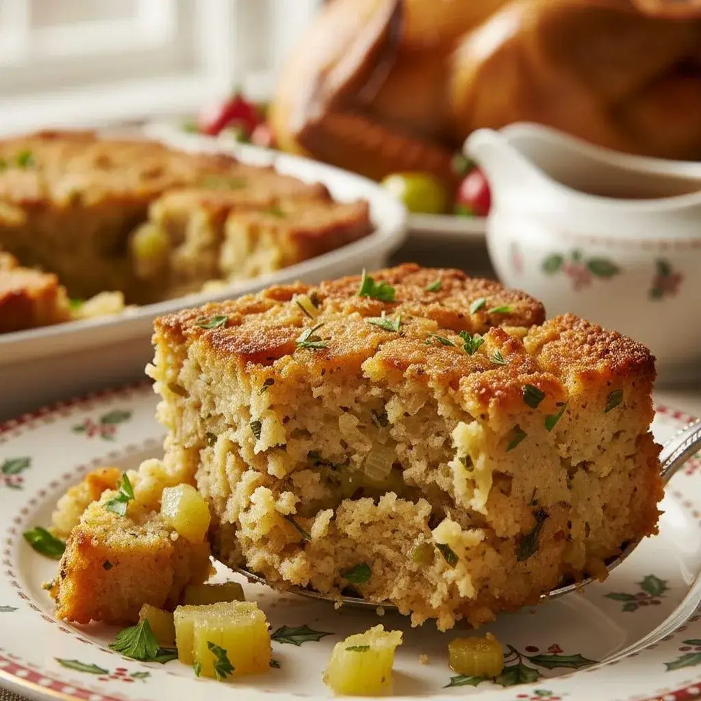 buttery herb stuffing on a holiday plate