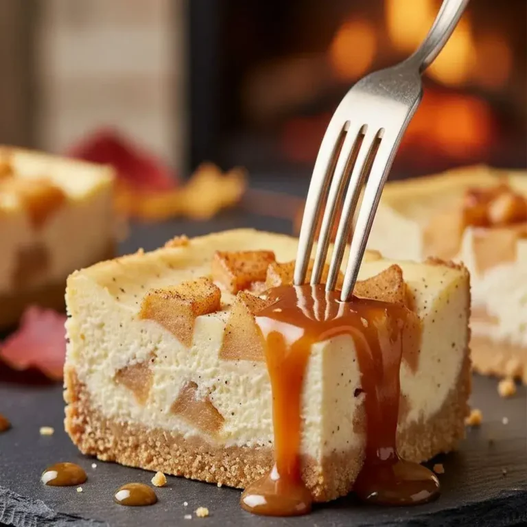 Caramel Apple Cheesecake Bars 6 caramel apple cheesecake bars on a plate