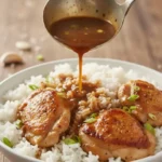 a bowl of caramelised soy chicken in garlic ginger broth with rice