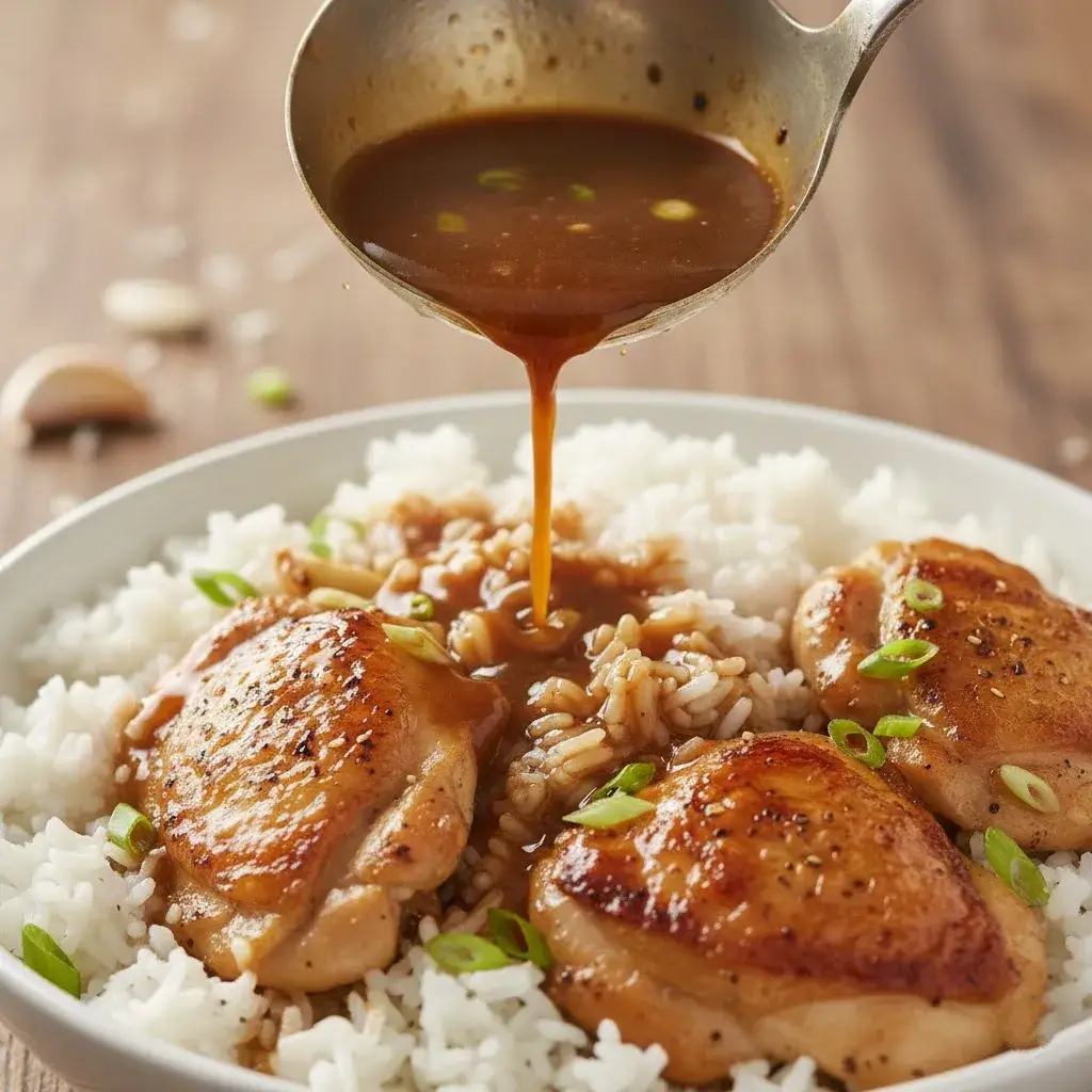 a bowl of caramelised soy chicken in garlic ginger broth with rice