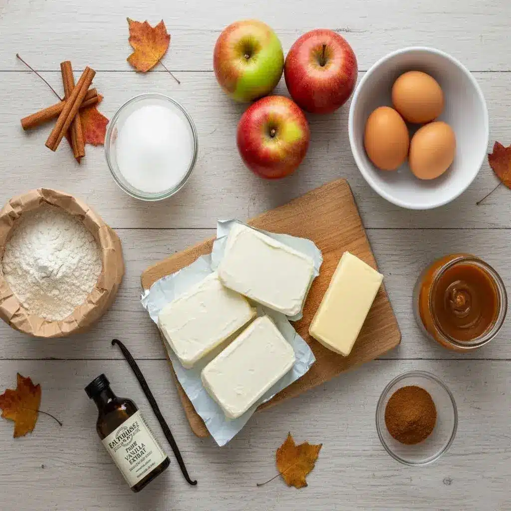 ingredients for making caramel apple cheesecake bars