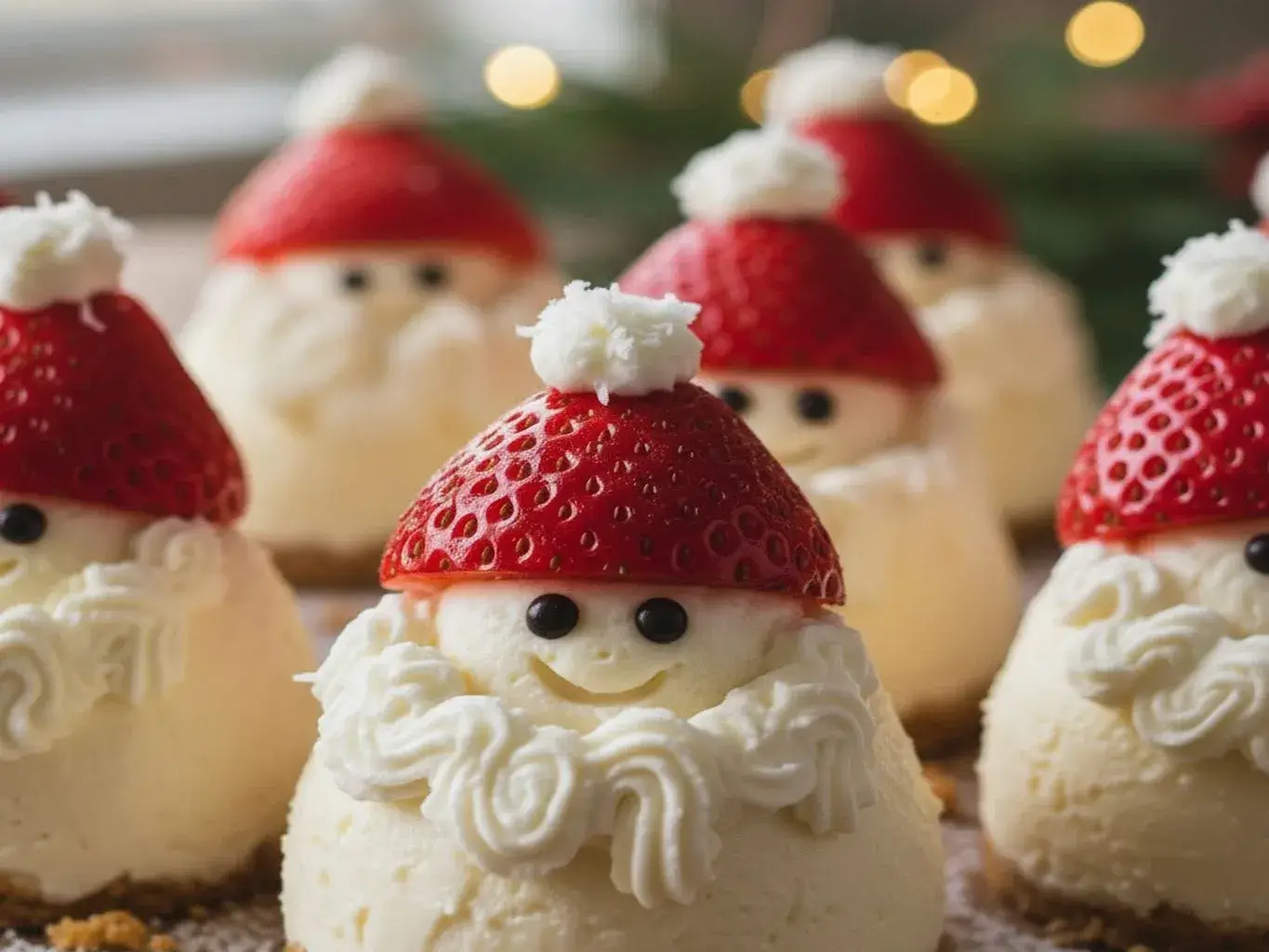 a platter of adorable cheesecake strawberry santas
