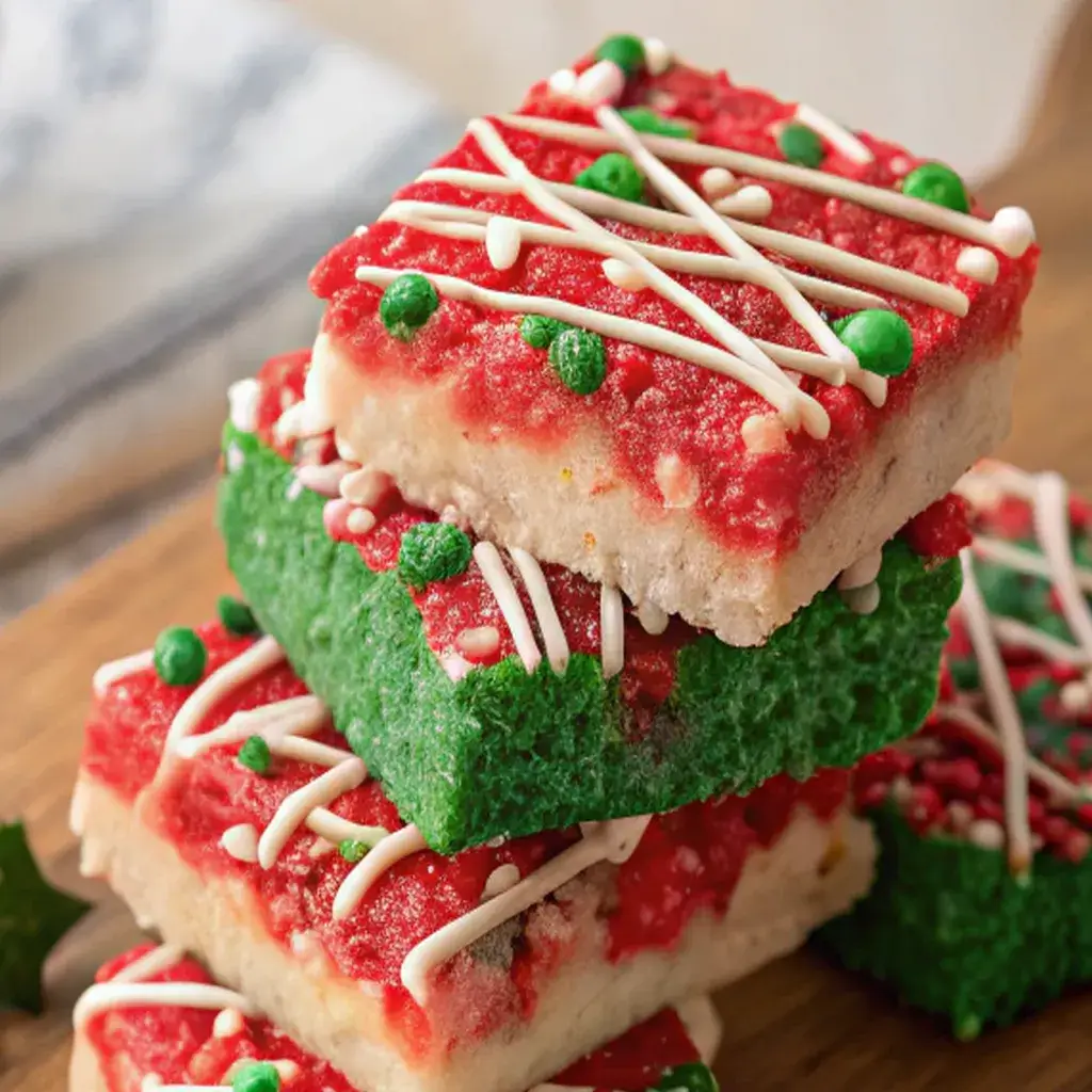 Christmas Rice Crispy Treats: The Easiest, Most Festive Holiday Treat 12 a stack of festive christmas rice crispy treats