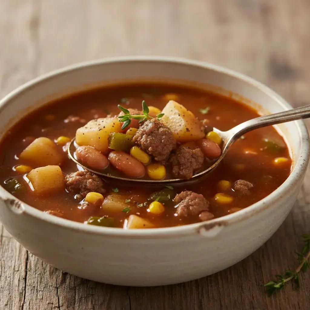 hearty Cowboy Soup Recipe with Potatoes and ground beef in a bowl