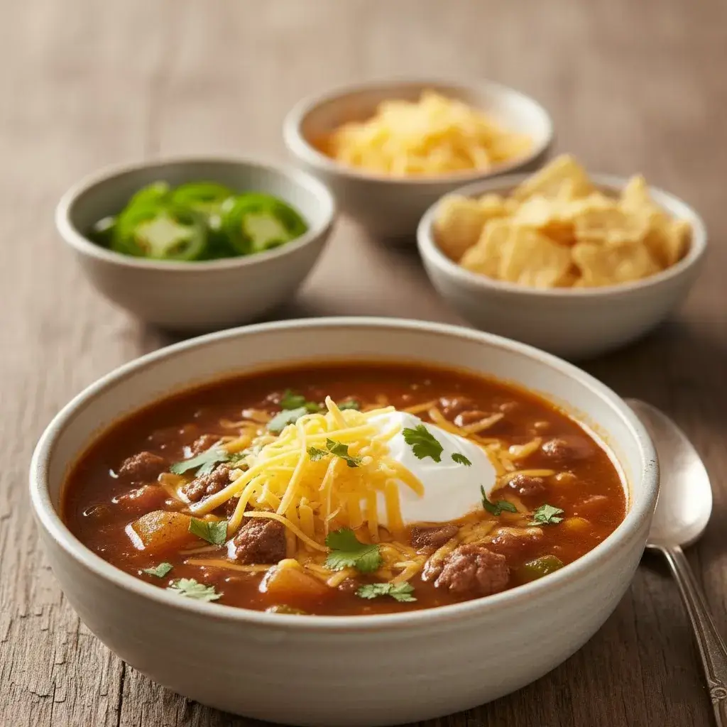 bowl of cowboy soup with cheese and sour cream toppings