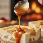 drizzling caramel sauce over cheesecake bar