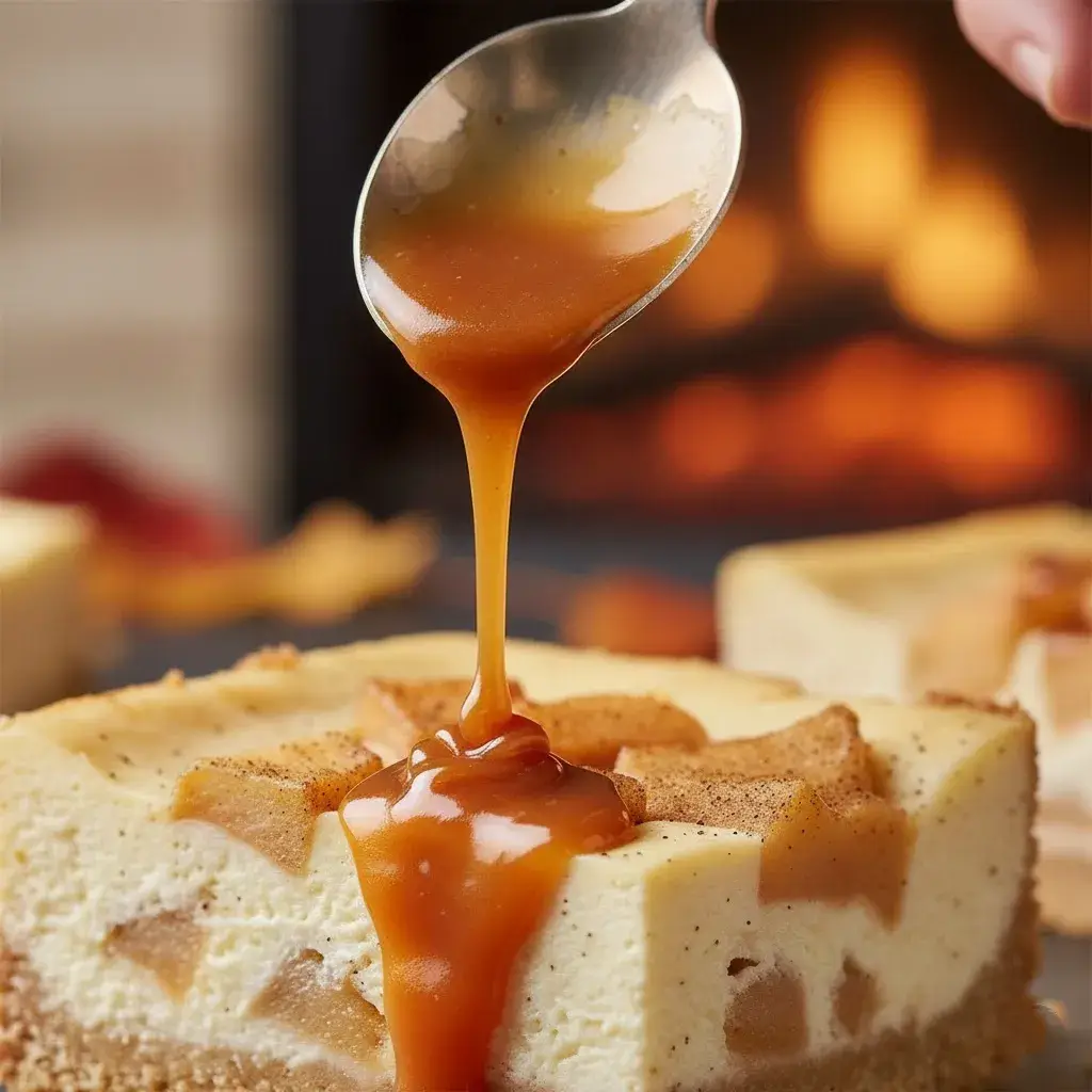drizzling caramel sauce over cheesecake bar