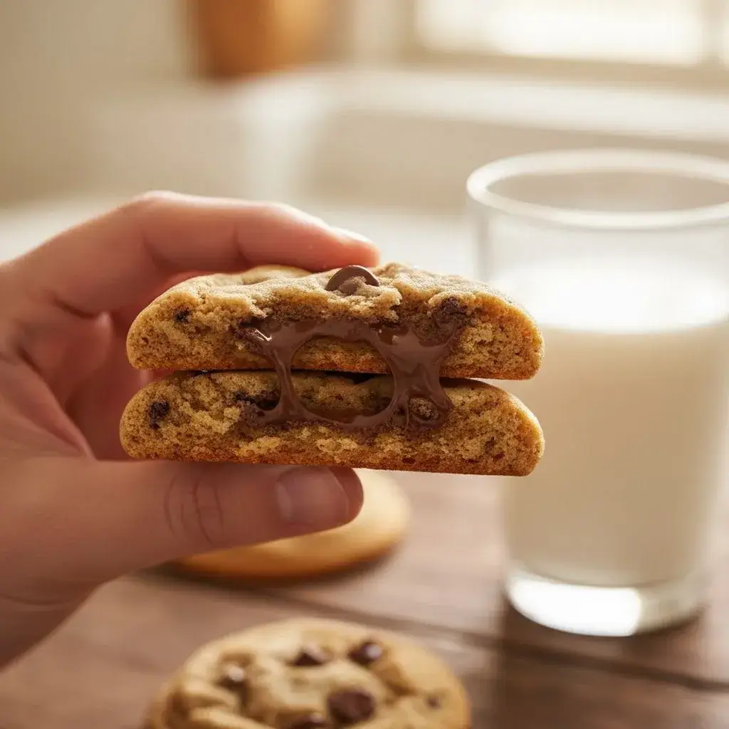 enjoying a warm gluten free chocolate chip cookie