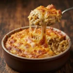 french onion chicken orzo casserole in a bowl