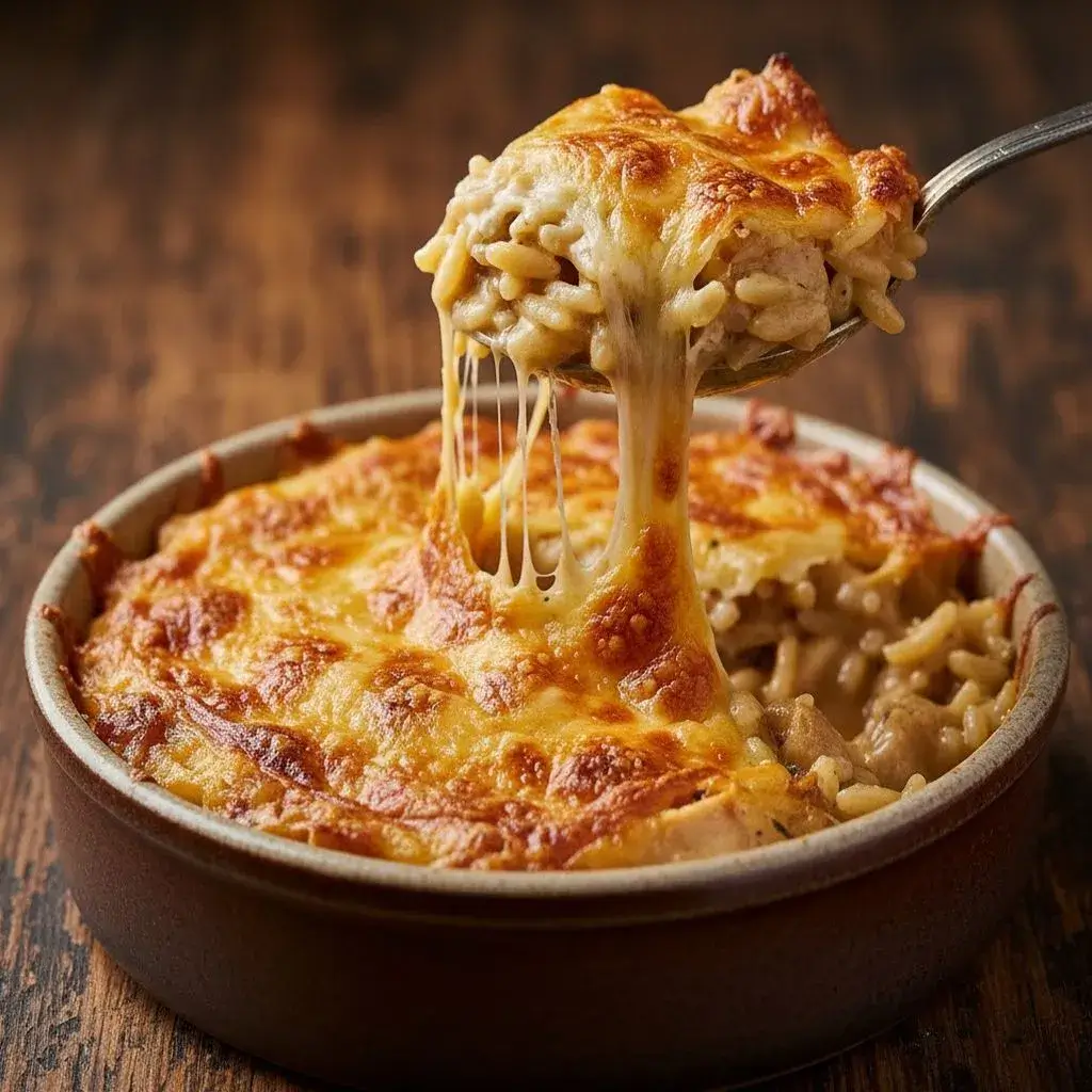 french onion chicken orzo casserole in a bowl