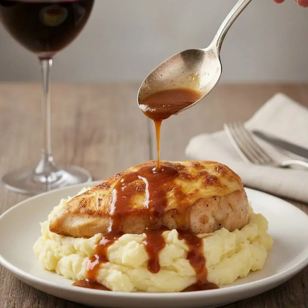 french onion soup chicken served with mashed potatoes