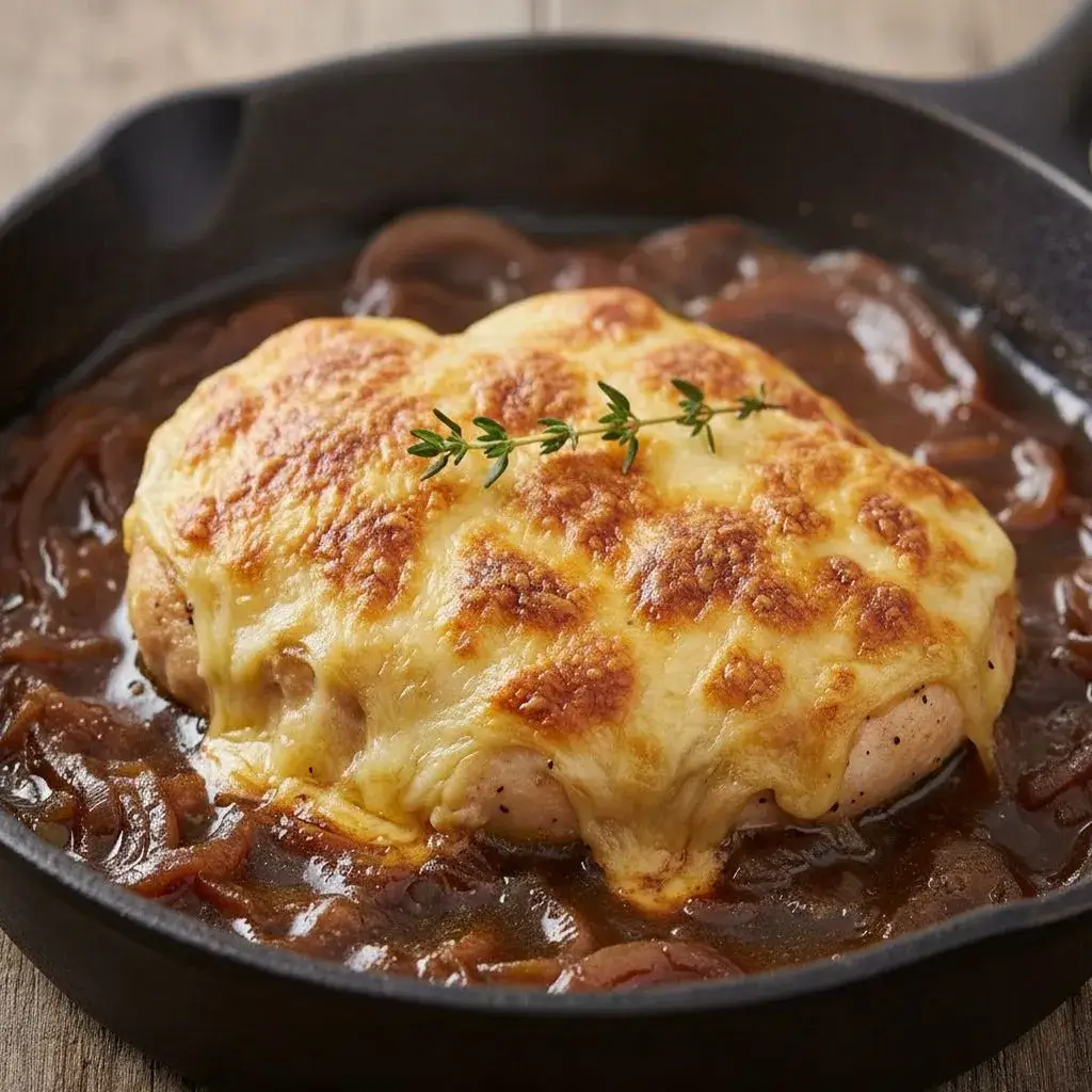 french onion soup chicken in a cast iron skillet