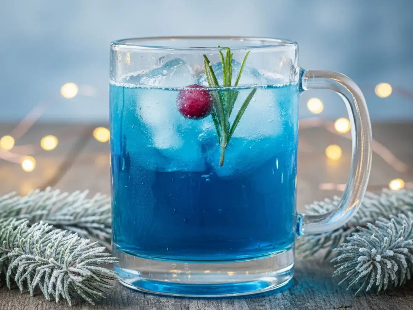 a glass of frosty blue Frostbite Christmas Punch