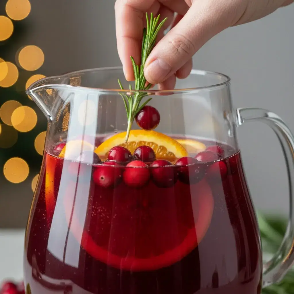 Pineapple Cranberry Christmas Drink 9 garnishing a holiday punch with rosemary and orange