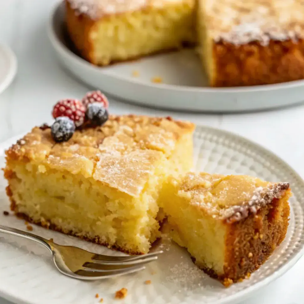 slice of gluten-free french butter cake on a wooden table