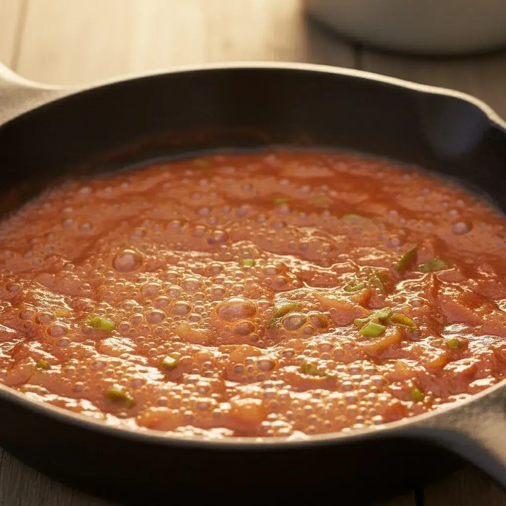 bubbling gochujang honey sauce in a skillet