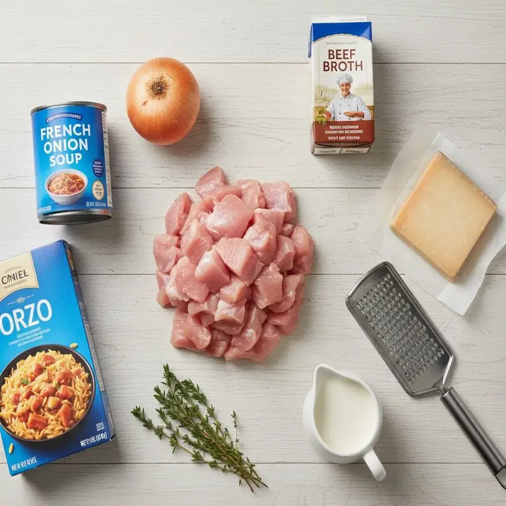 ingredients for french onion chicken orzo bake