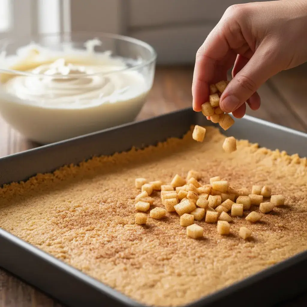 layering apples and cheesecake filling for dessert bars