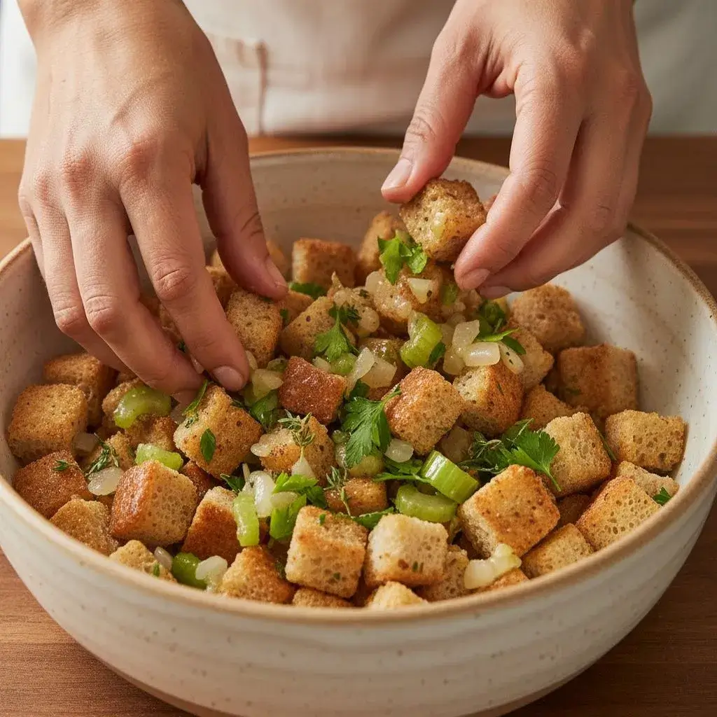 mixing homemade stuffing in a bowl