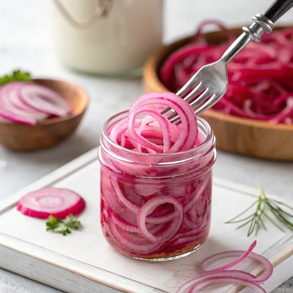 a jar of vibrant homemade pickled red onions