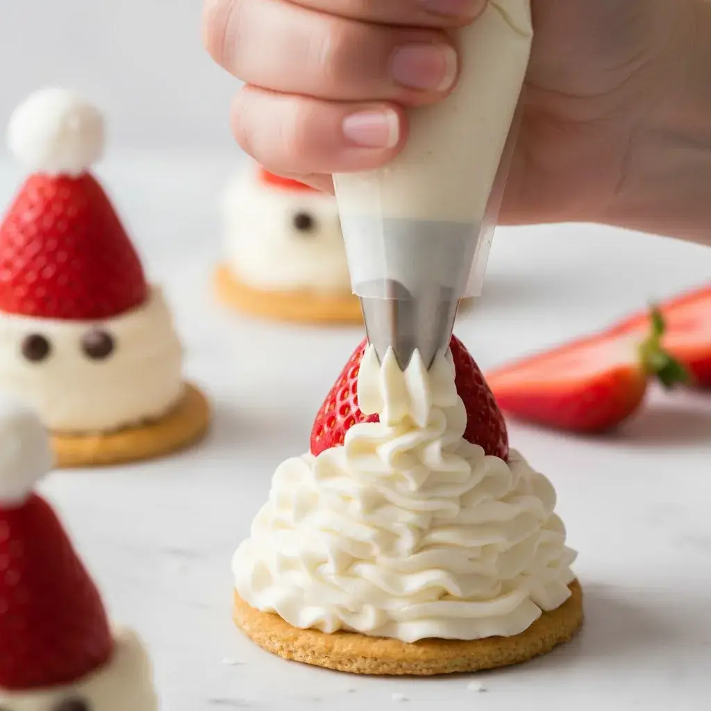 Cheesecake Strawberry Santas: The Easiest, Most Adorable Holiday Treat 10 piping cheesecake filling for strawberry santa beard