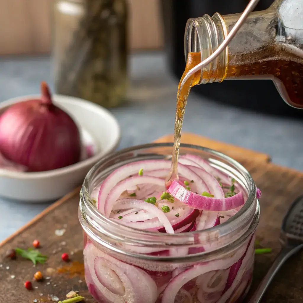 Pickled Red Onions: The Zesty, Colorful Condiment That Makes Everything Better 4 pouring hot brine over onions for pickling