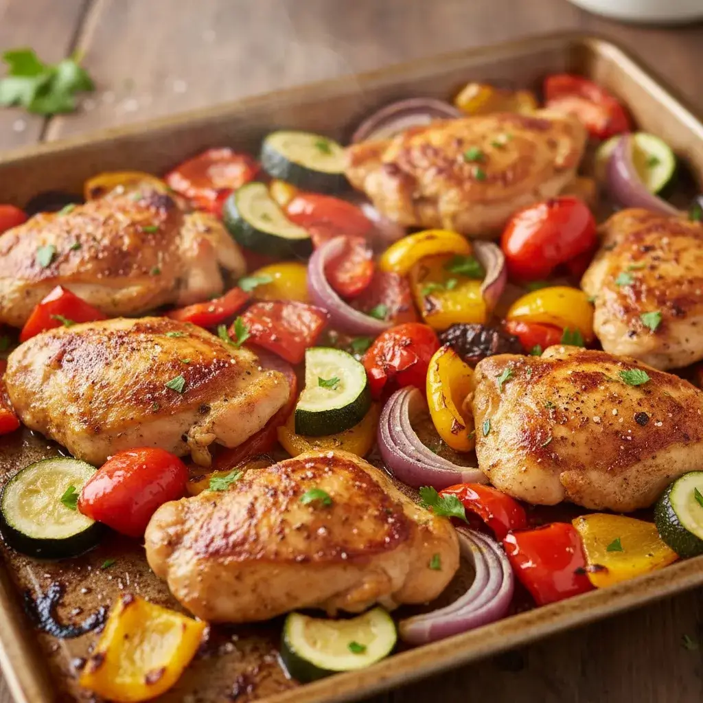 roasted chicken and vegetables on a sheet pan