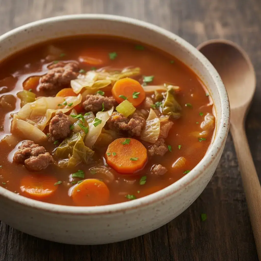 hearty ground beef cabbage soup in a bowl