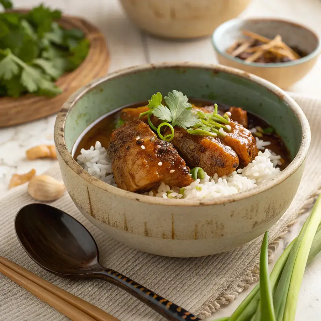 serving caramelised soy chicken broth over rice