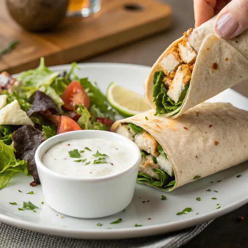 serving cheesy garlic chicken wrap with dip