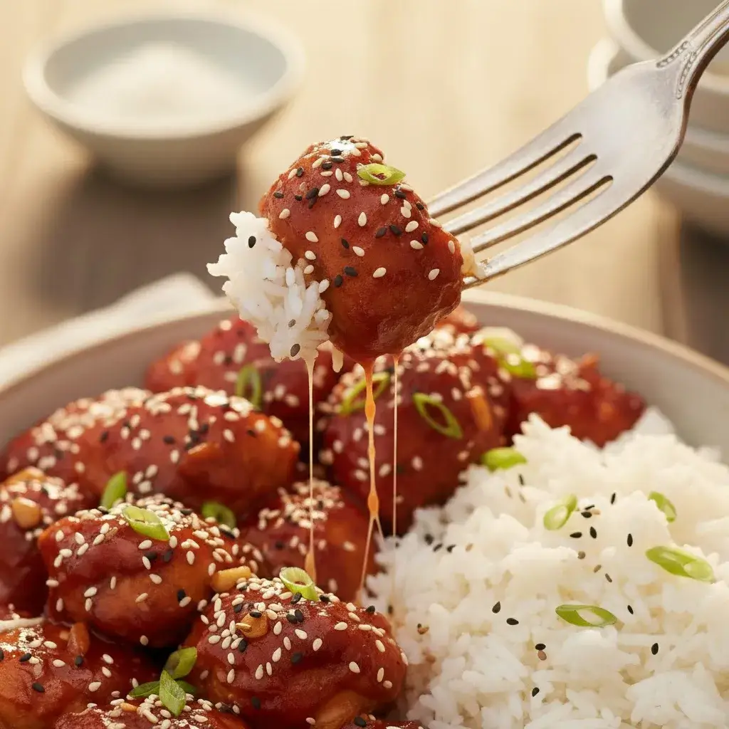 serving sticky gochujang chicken over rice