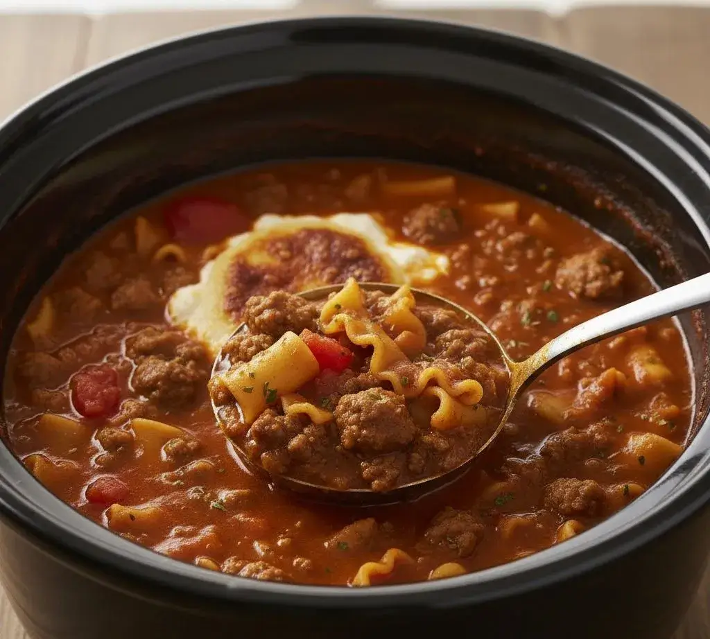 serving slow cooker lasagna soup from the pot