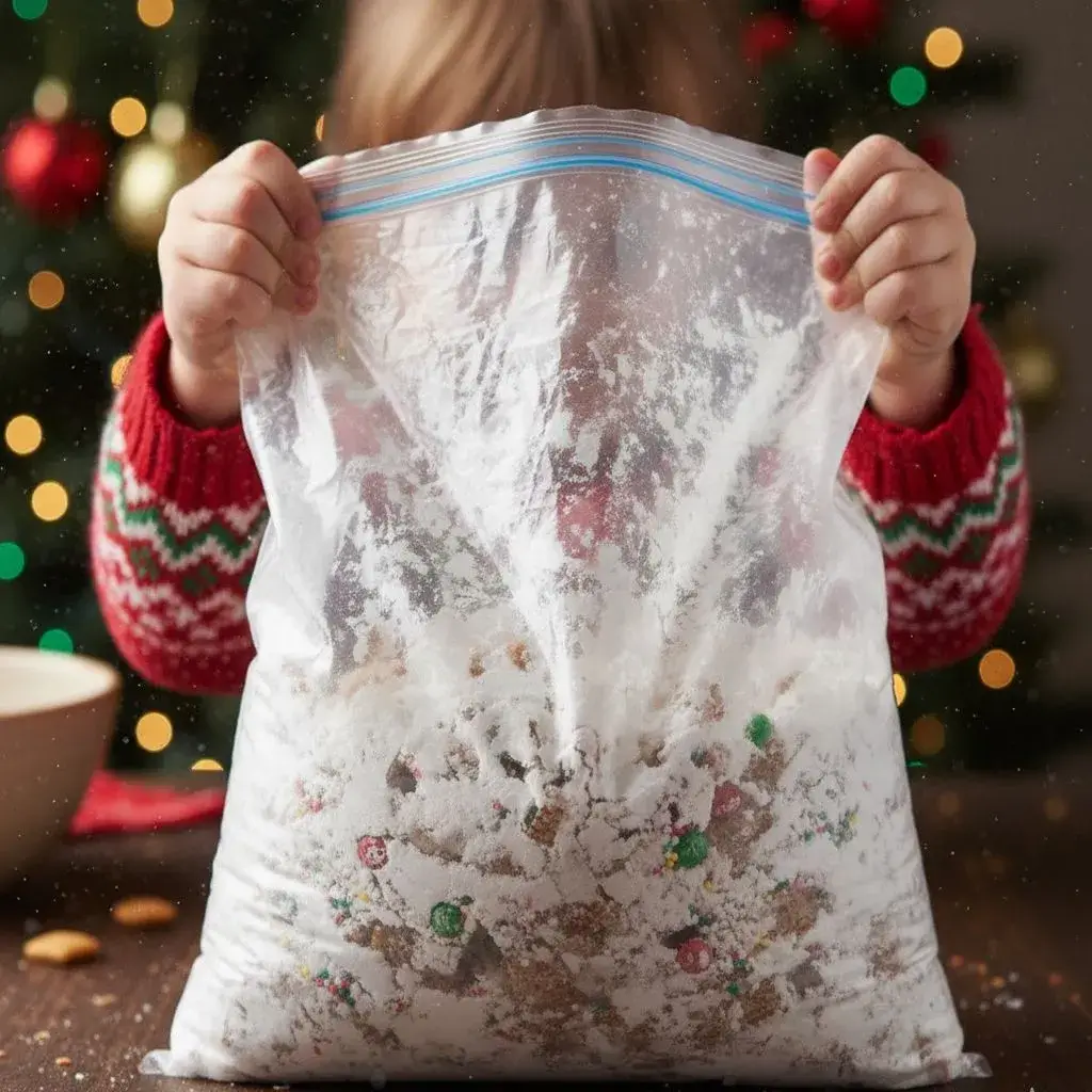 Reindeer Food Recipe: The Magical Christmas Puppy Chow Everyone Loves 10 shaking reindeer food in a powdered sugar bag