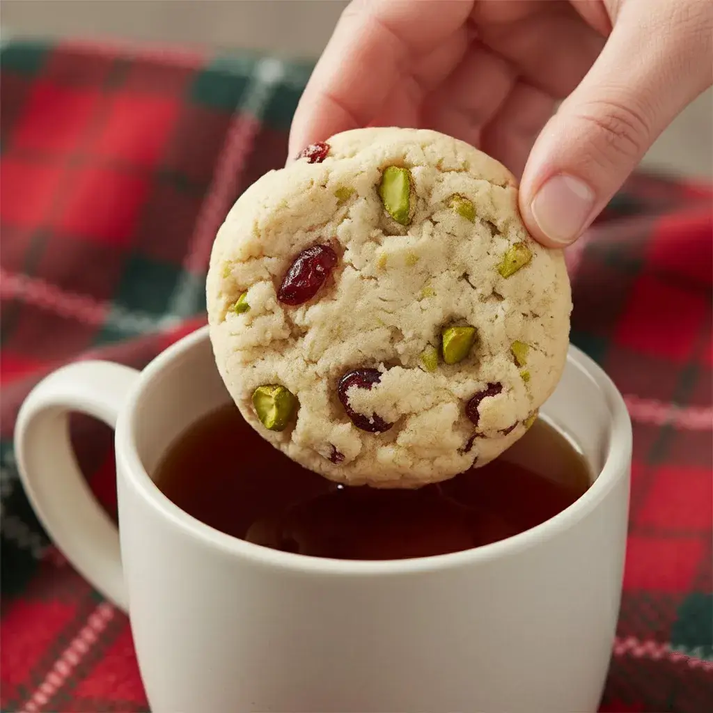 Cranberry Pistachio Shortbread Cookies: The Elegant, No-Chill Holiday Classic 11 enjoying a cranberry pistachio shortbread cookie with tea