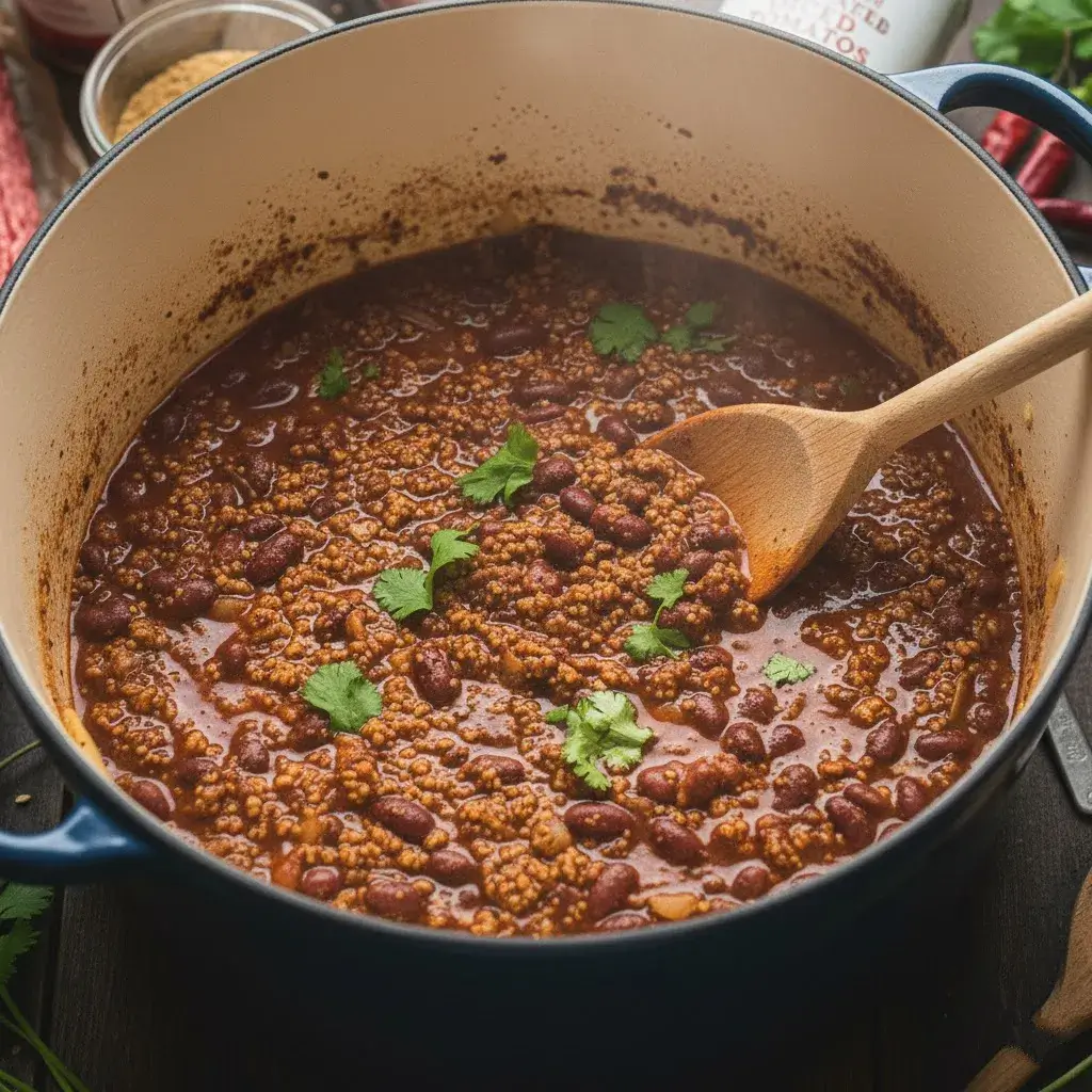 High Protein Chili: The Ultimate Cozy & Satisfying One-Pot Meal 10 high protein chili simmering in a pot on the stove