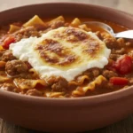 hearty slow cooker lasagna soup in a bowl