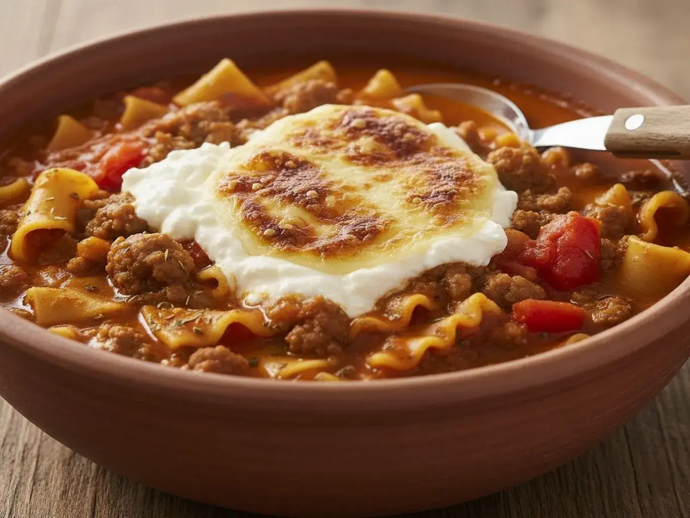 hearty slow cooker lasagna soup in a bowl