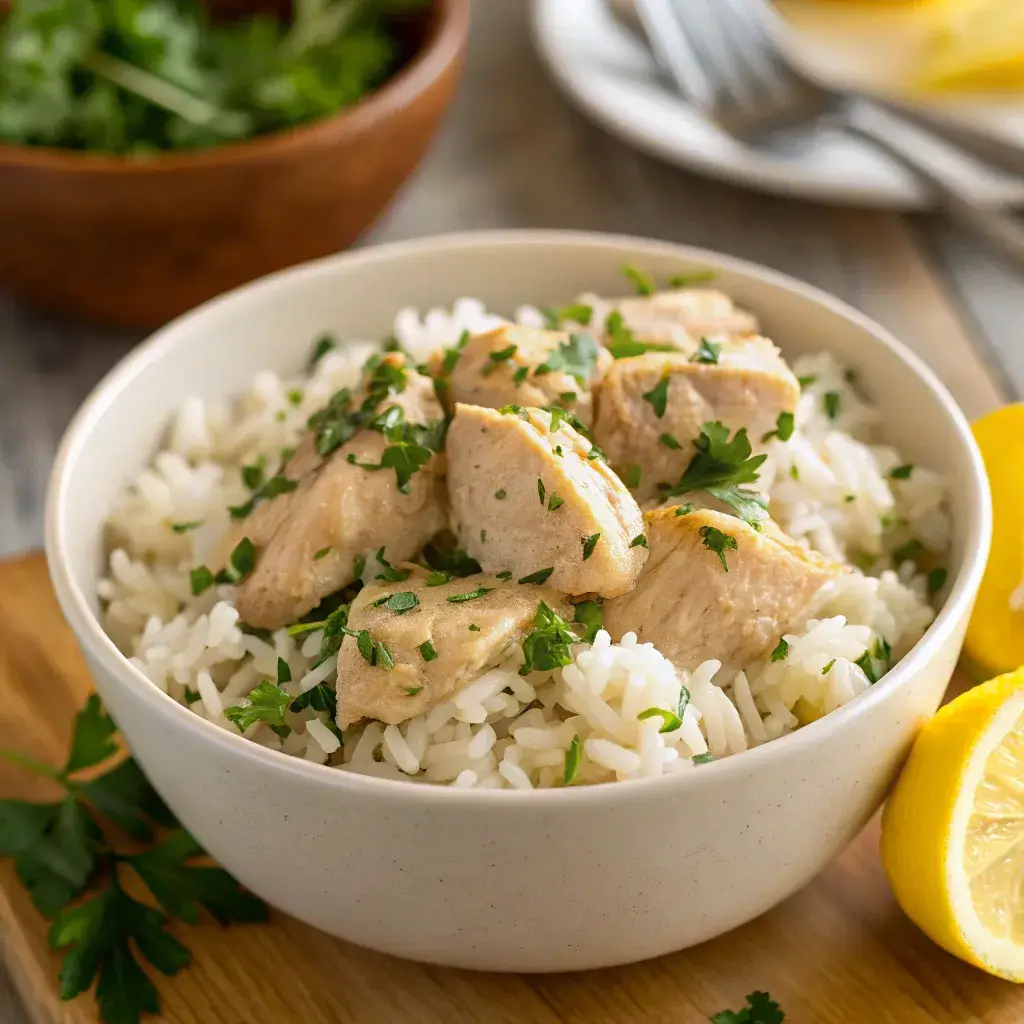 a bowl of slow cooker lemon herb chicken and rice