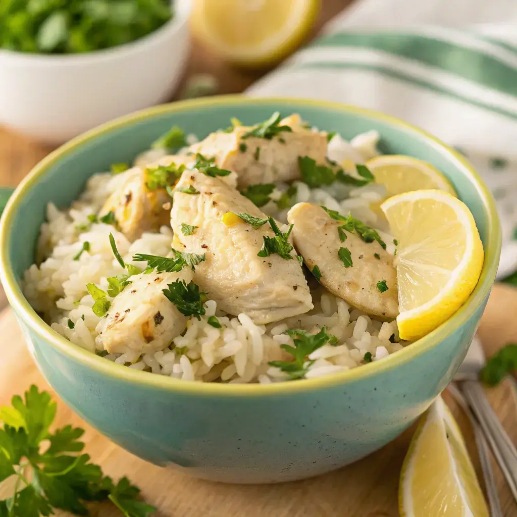 a bowl of slow cooker lemon herb chicken and rice