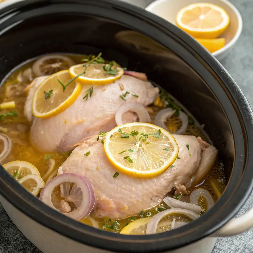 slow cooker prepared with chicken and lemon before cooking